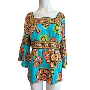 Trina Turk Size 6 Silk Turquoise Gypsy Medallion Blouse Peplum Sleeve Colorful